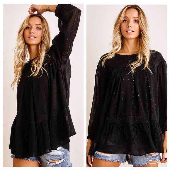 Bohemian metallic dot black chic stylish fashionable Ruffle hem top - Picture 3 of 4